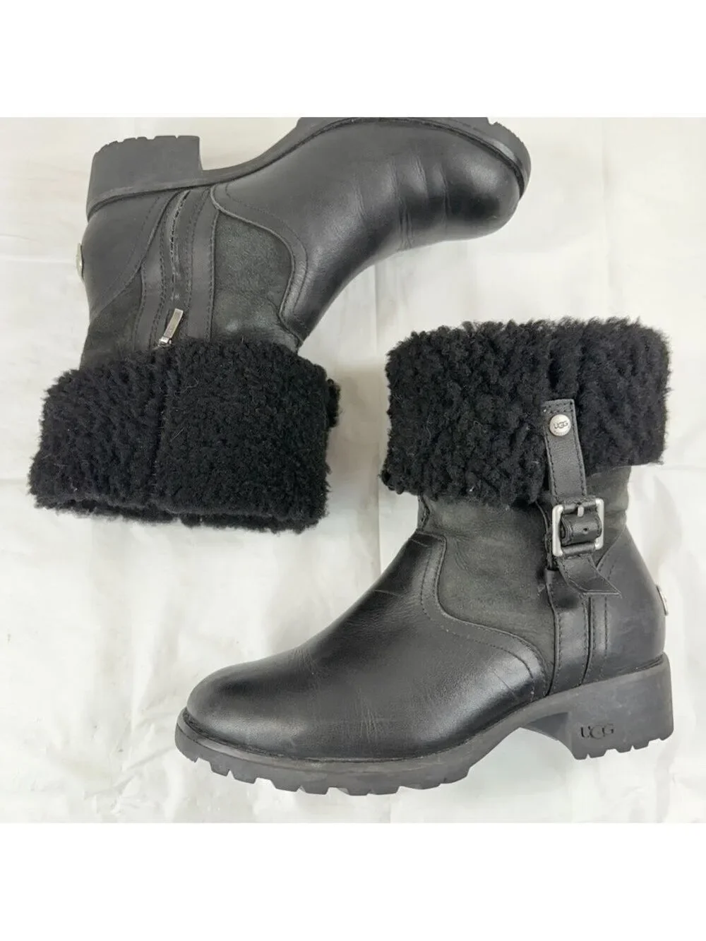 UGG Black Bellevue 1914 Leather Shearling Zip Fold Over Moto Boots Sz 6